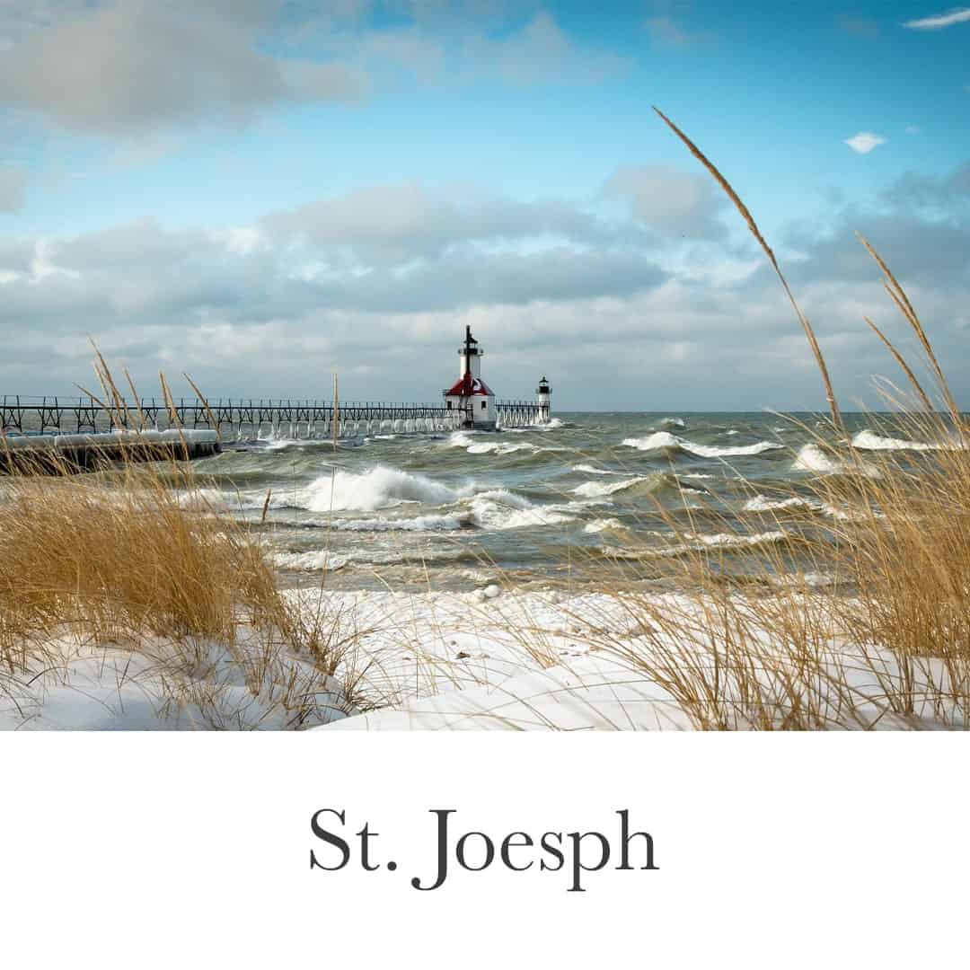 Lake Michigan and lighthouse in St. Joseph, Michigan, highlighting waterfront properties and scenic winter views